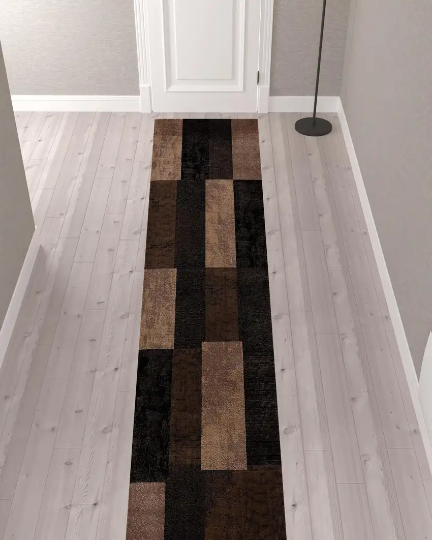 Brown Checkered Power Loom Runner Rug Photo 2