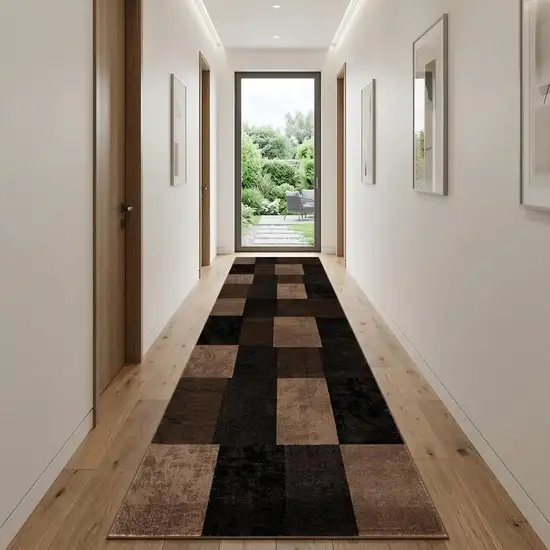 13' Brown And Black Geometric Shag Runner Rug Photo 1