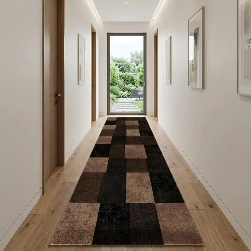 13' Brown And Black Geometric Shag Runner Rug Photo 1