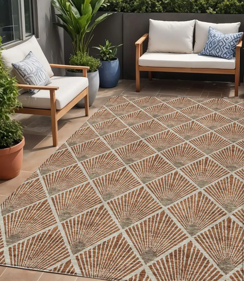Brown Copper And Beige Geometric Washable Indoor Outdoor Area Rug Photo 1