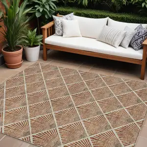 Photo of Brown Copper And Beige Geometric Washable Indoor Outdoor Area Rug