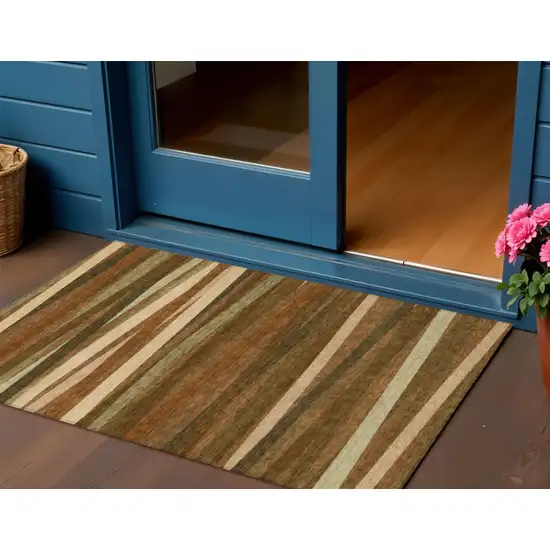 Brown Copper And Beige Striped Washable Indoor Outdoor Area Rug Photo 1