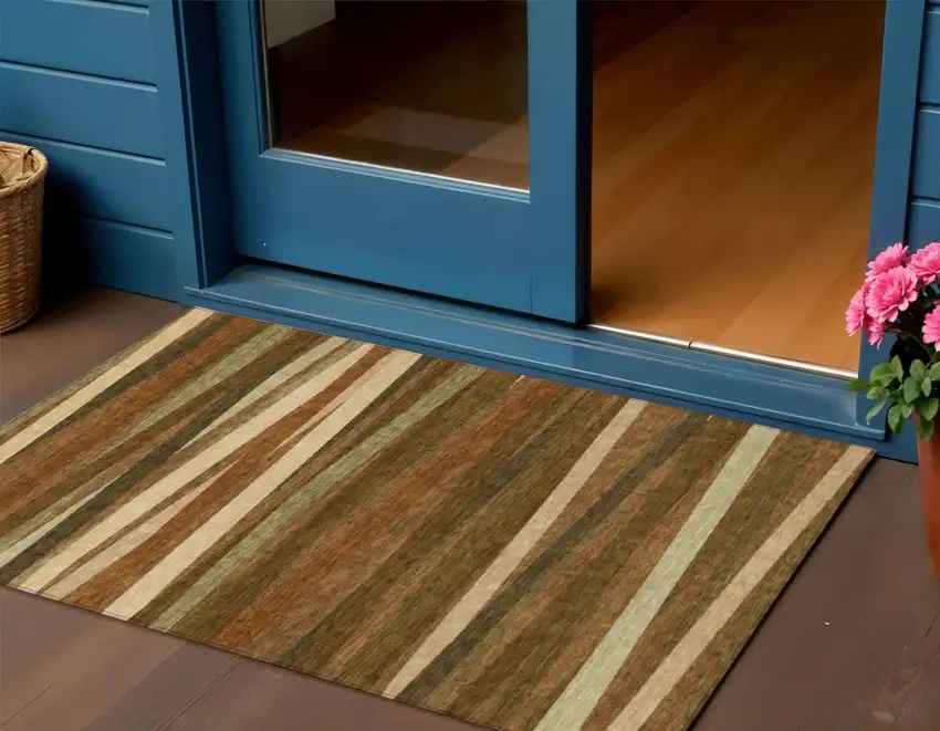 Brown Copper And Beige Striped Washable Indoor Outdoor Area Rug Photo 1