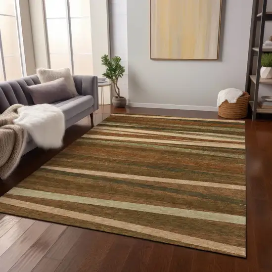 Brown Copper And Beige Striped Washable Indoor Outdoor Area Rug Photo 8