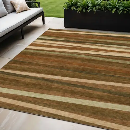 Brown Copper And Beige Striped Washable Indoor Outdoor Area Rug Photo 1