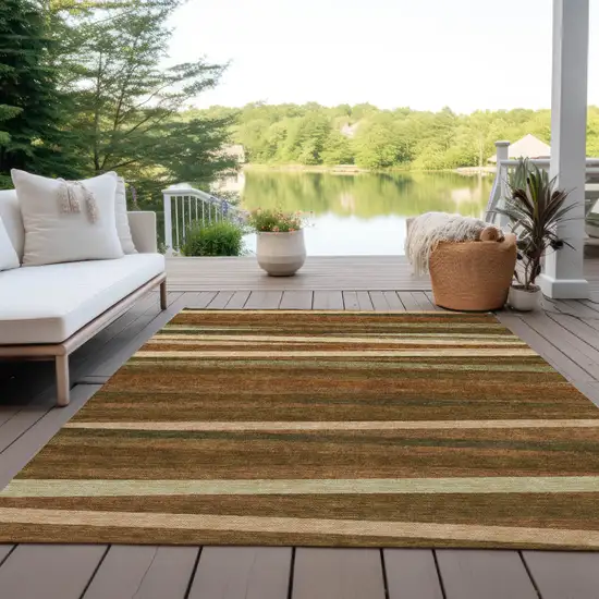 Brown Copper And Beige Striped Washable Indoor Outdoor Area Rug Photo 9
