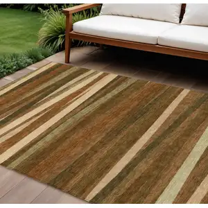 Photo of Brown Copper And Beige Striped Washable Indoor Outdoor Area Rug