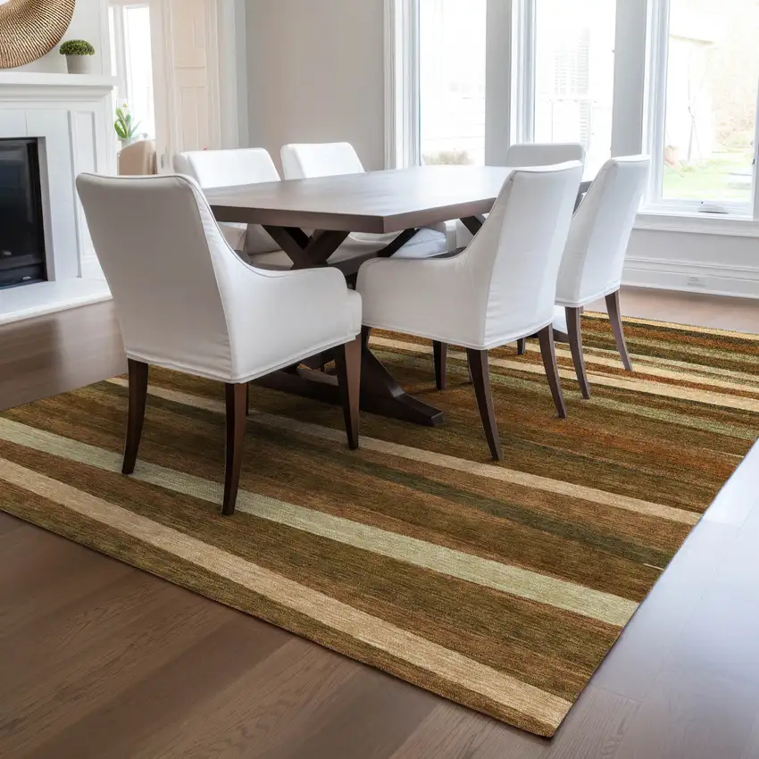 Brown Copper And Beige Striped Washable Indoor Outdoor Area Rug Photo 9