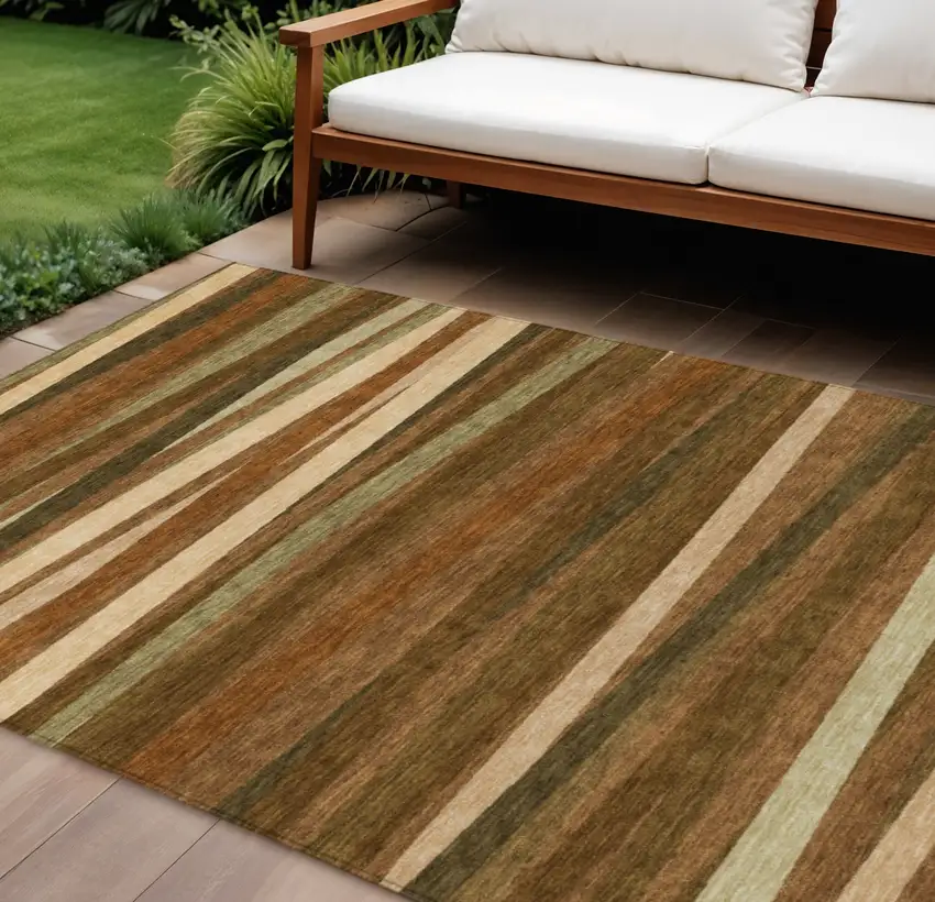 Brown Copper And Beige Striped Washable Indoor Outdoor Area Rug Photo 1