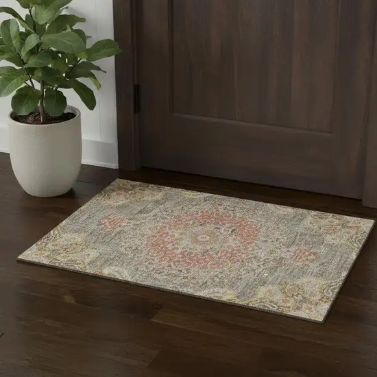 Brown Copper And Gold Floral Washable Area Rug With UV Protection Photo 1