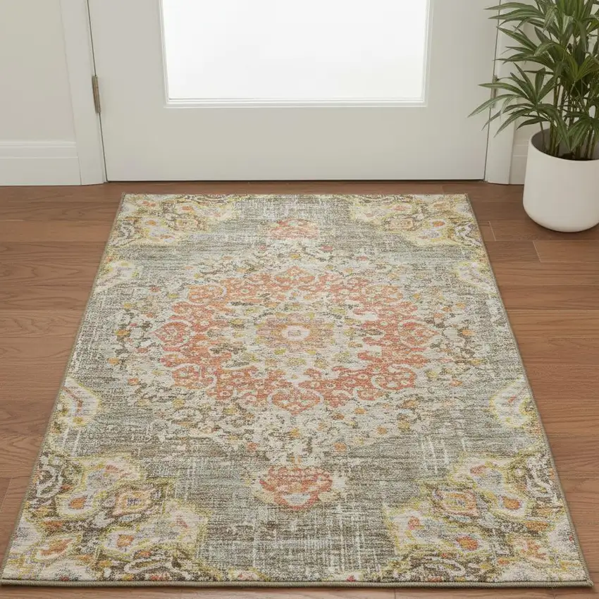 Brown Copper And Gold Floral Washable Area Rug With UV Protection Photo 2