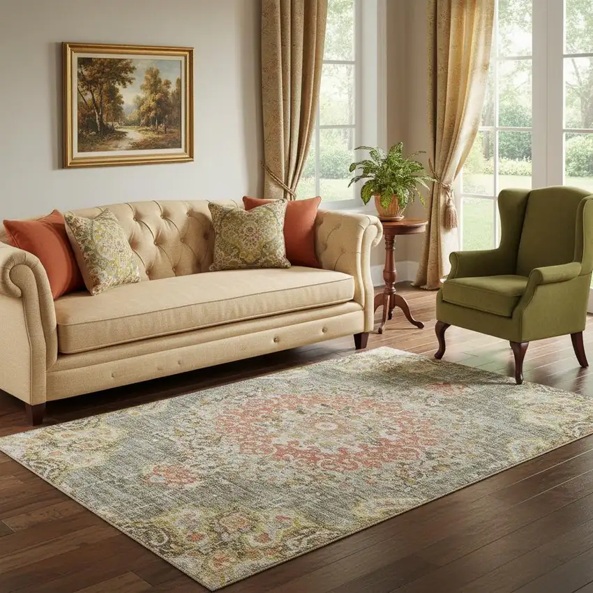 Brown Copper And Gold Floral Washable Area Rug With UV Protection Photo 2