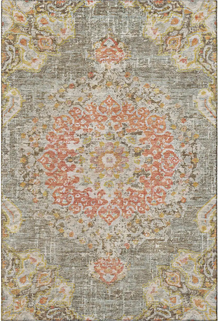 Brown Copper And Gold Floral Washable Area Rug With UV Protection Photo 3