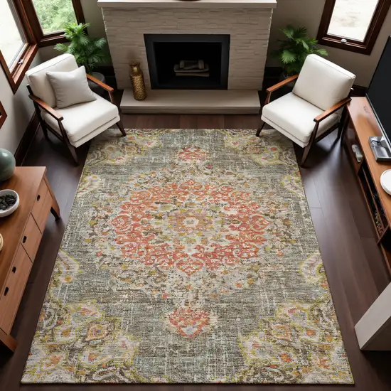 Brown Copper And Gold Floral Washable Area Rug With UV Protection Photo 5