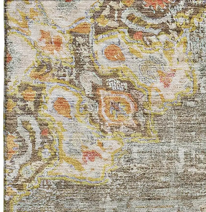 Brown Copper And Gold Floral Washable Area Rug With UV Protection Photo 3
