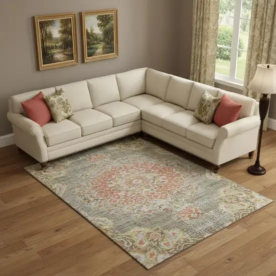 Brown Copper And Gold Floral Washable Area Rug With UV Protection Photo 2