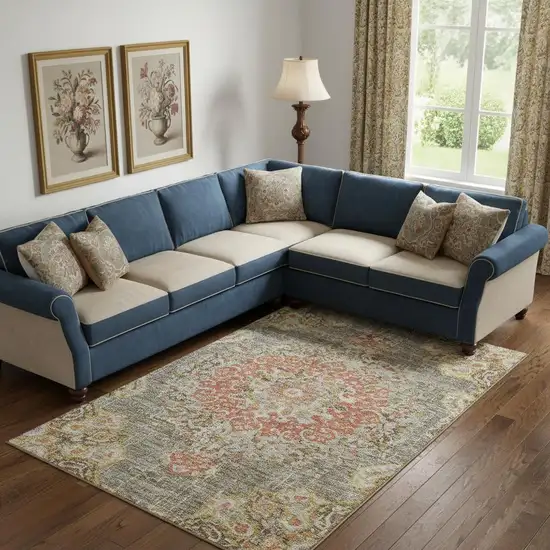 Brown Copper And Gold Floral Washable Area Rug With UV Protection Photo 2