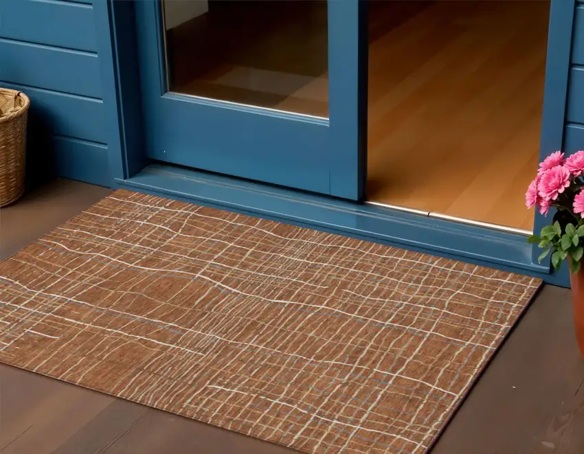 Brown Copper And Gray Striped Washable Indoor Outdoor Area Rug Photo 1