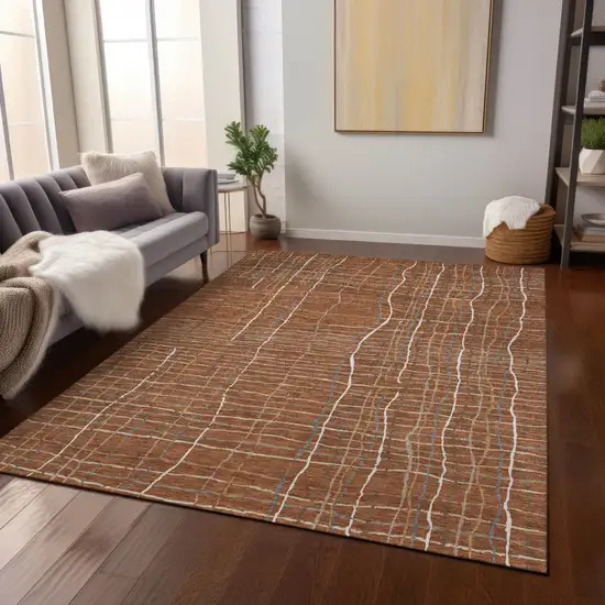 Brown Copper And Gray Striped Washable Indoor Outdoor Area Rug Photo 9