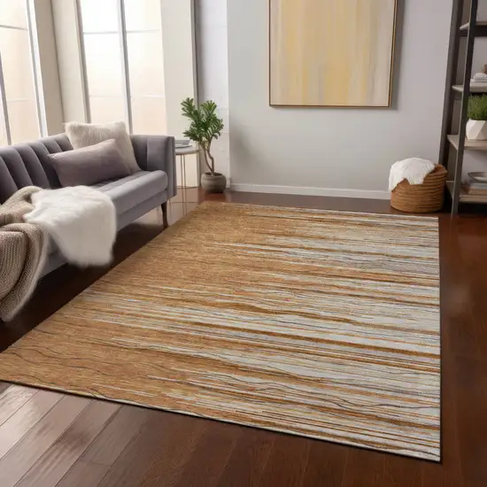 Brown Copper And Ivory Striped Washable Indoor Outdoor Area Rug Photo 8
