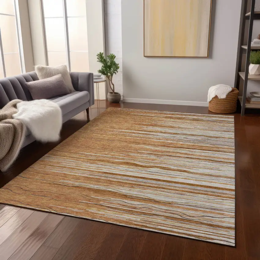 Brown Copper And Ivory Striped Washable Indoor Outdoor Area Rug Photo 8