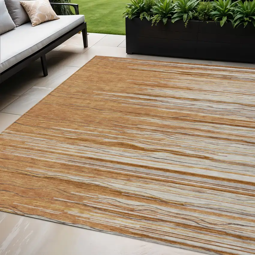 Brown Copper And Ivory Striped Washable Indoor Outdoor Area Rug Photo 1