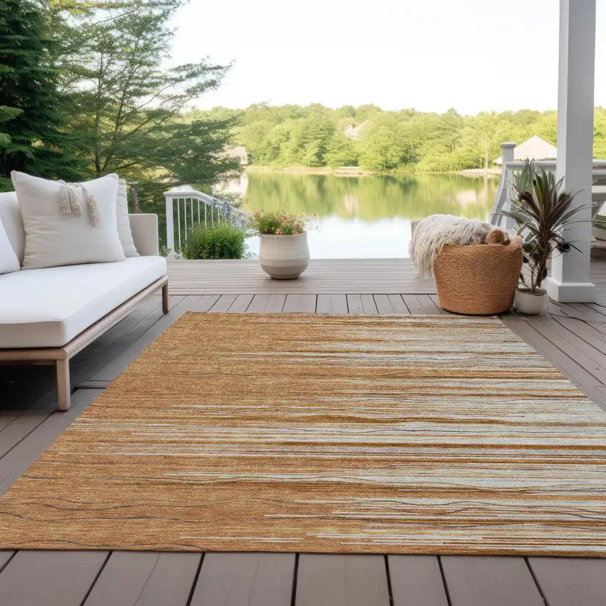 Brown Copper And Ivory Striped Washable Indoor Outdoor Area Rug Photo 9