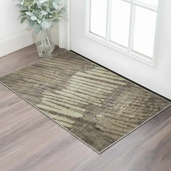 Brown Cream And Ivory Striped Washable Area Rug With UV Protection Photo 2