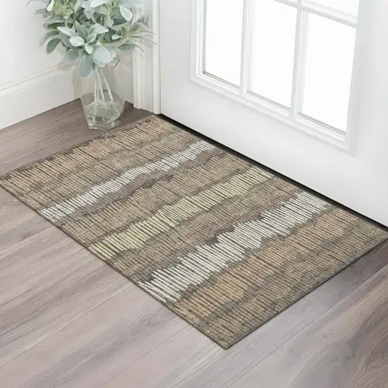 Brown Cream And Ivory Striped Washable Area Rug With UV Protection Photo 1