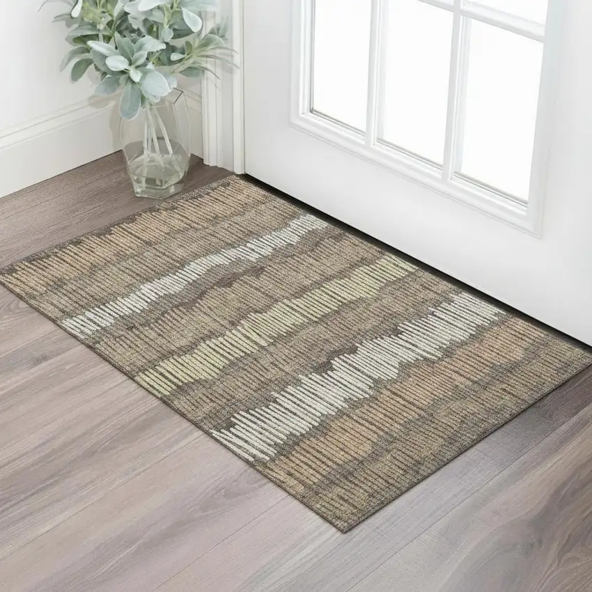 Brown Cream And Ivory Striped Washable Area Rug With UV Protection Photo 1