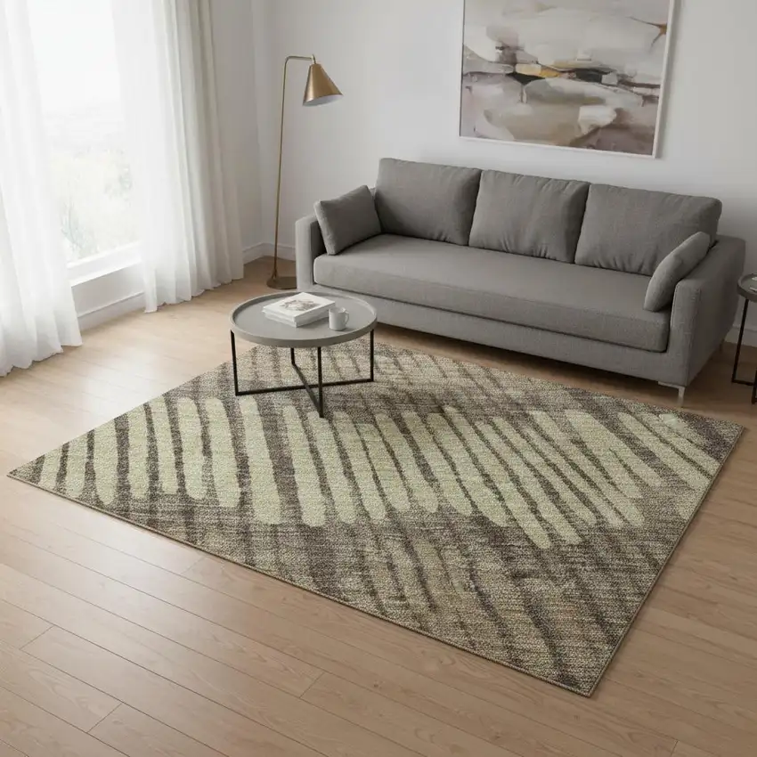 Brown Cream And Ivory Striped Washable Area Rug With UV Protection Photo 2