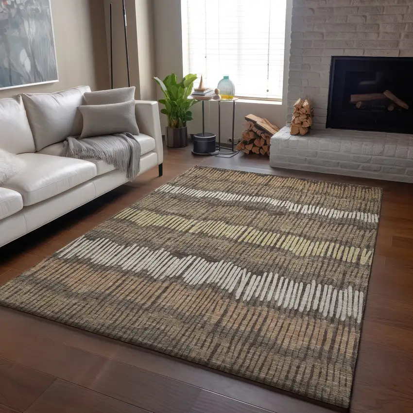 Brown Cream And Ivory Striped Washable Area Rug With UV Protection Photo 4