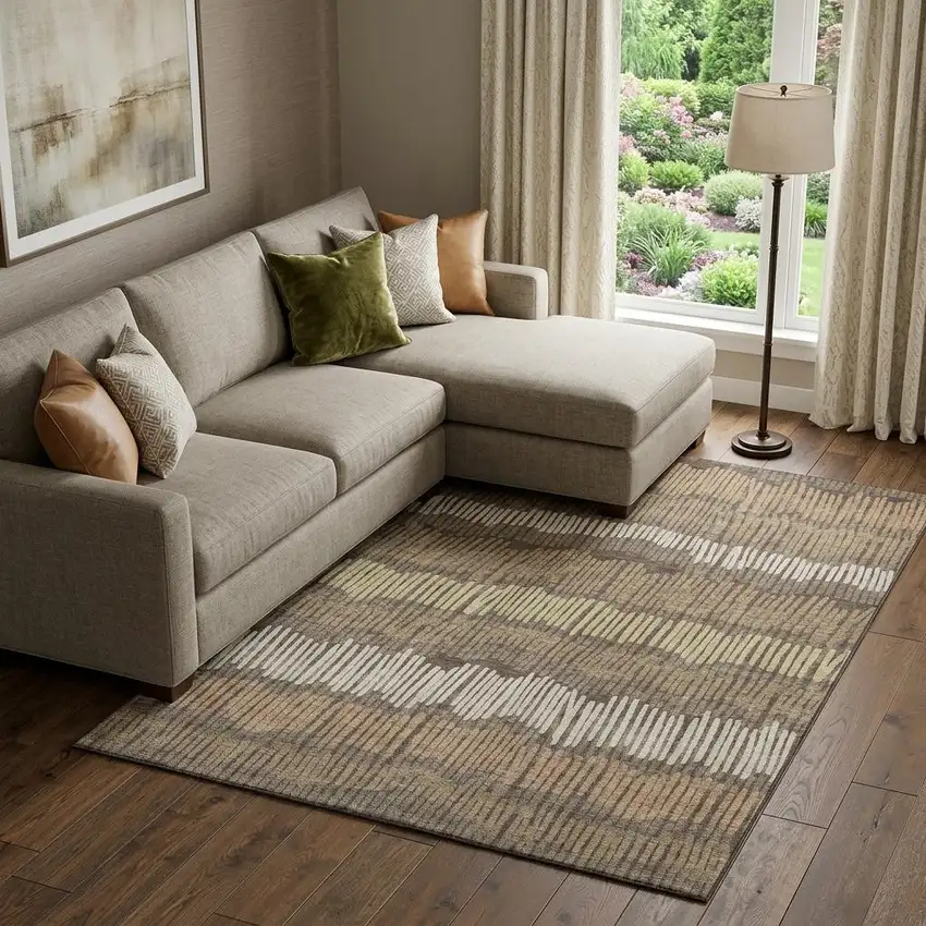 Brown Cream And Ivory Striped Washable Area Rug With UV Protection Photo 1