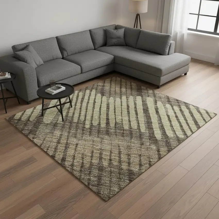 Brown Cream And Ivory Striped Washable Area Rug With UV Protection Photo 2