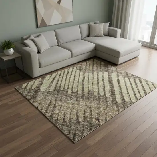 Brown Cream And Ivory Striped Washable Area Rug With UV Protection Photo 2