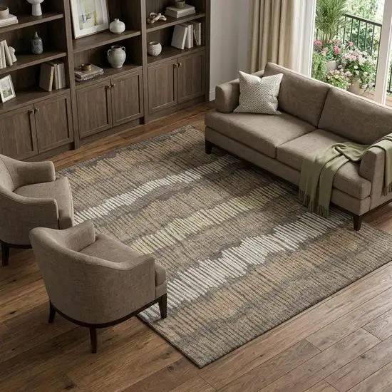 Brown Cream And Ivory Striped Washable Area Rug With UV Protection Photo 1