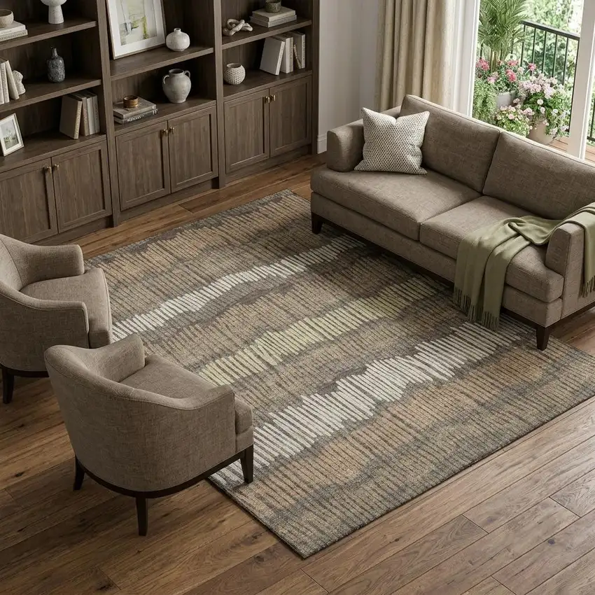 Brown Cream And Ivory Striped Washable Area Rug With UV Protection Photo 1