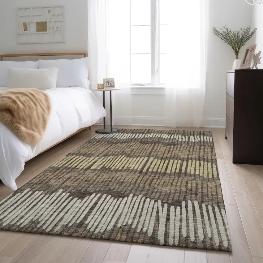 Brown Cream And Ivory Striped Washable Area Rug With UV Protection Photo 4