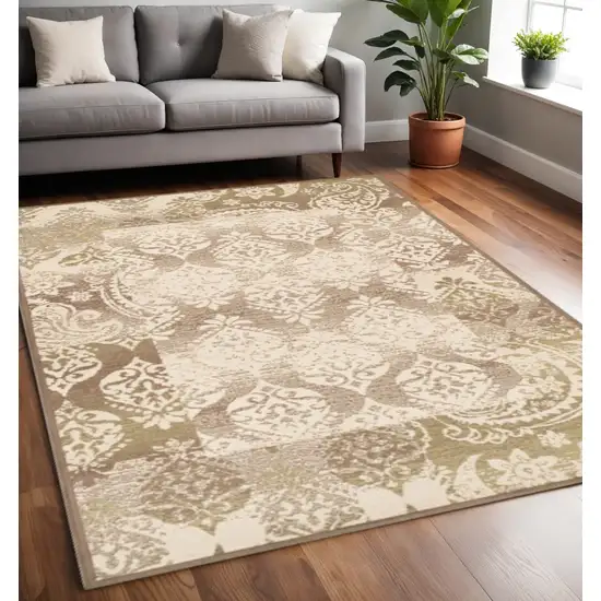 Beige And Brown Damask Distressed Area Rug Photo 1