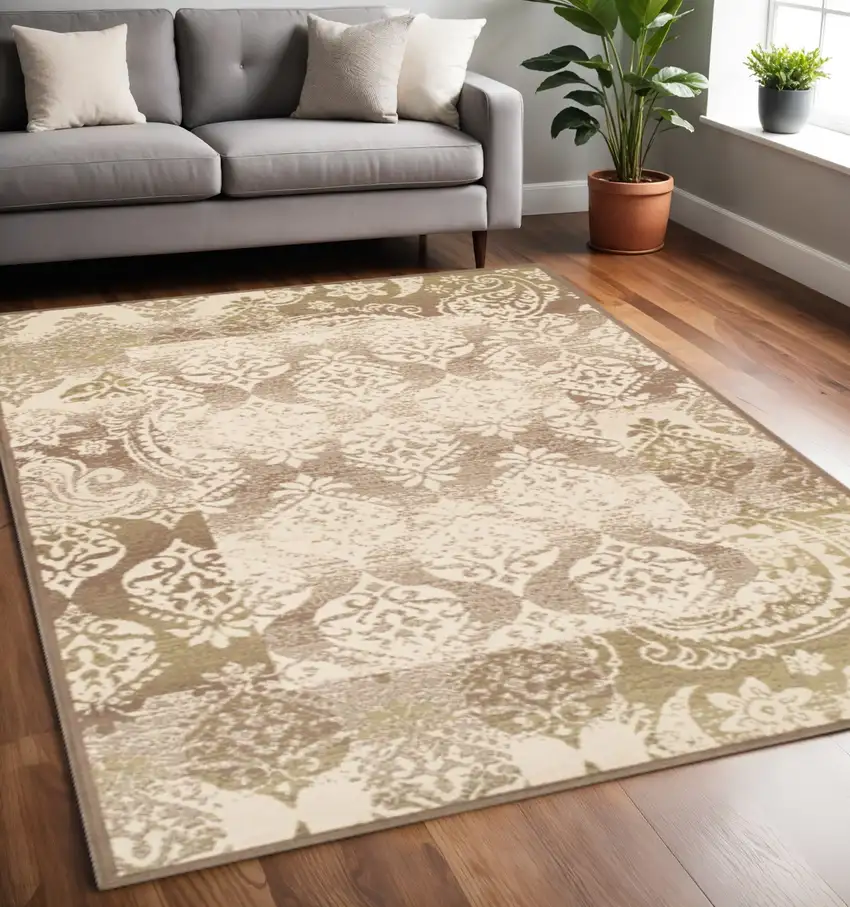 Beige And Brown Damask Distressed Area Rug Photo 1