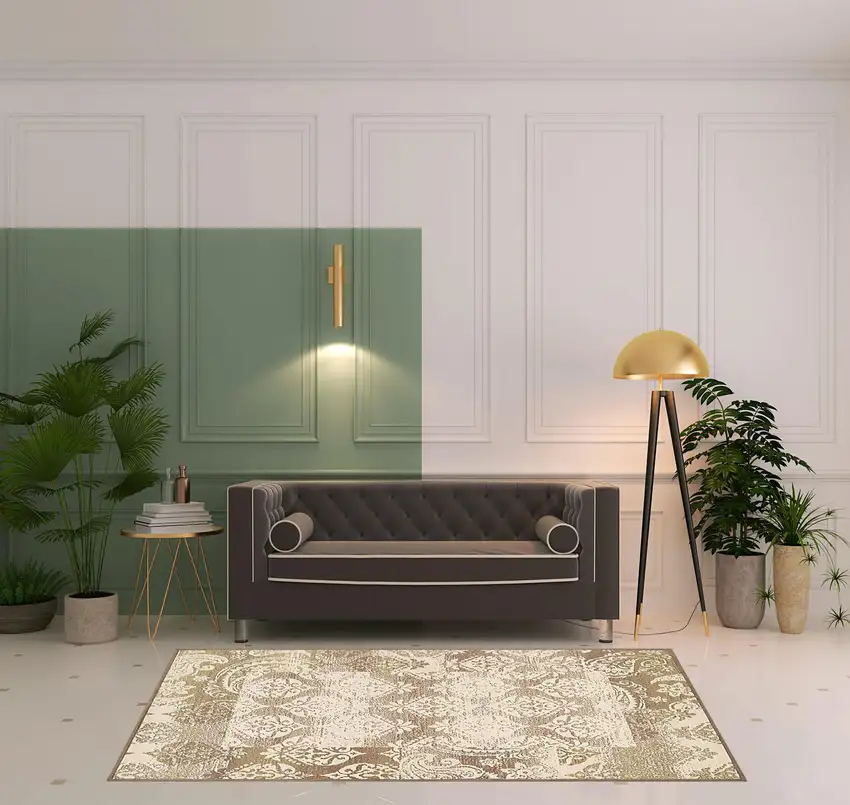 Brown Damask Power Loom Distressed Stain Resistant Area Rug Photo 7