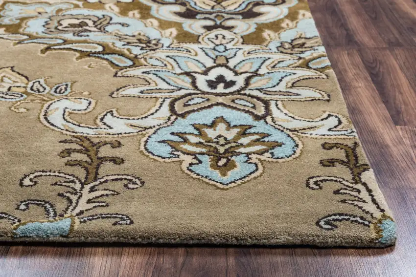 Brown Dark Brown Blue Khaki And Tan Wool Damask Hand Tufted Area Rug Photo 2
