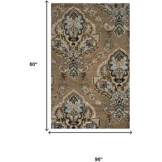 Brown Dark Brown Blue Khaki And Tan Wool Damask Hand Tufted Area Rug Photo 5