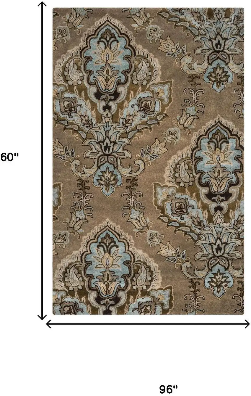 Brown Dark Brown Blue Khaki And Tan Wool Damask Hand Tufted Area Rug Photo 5
