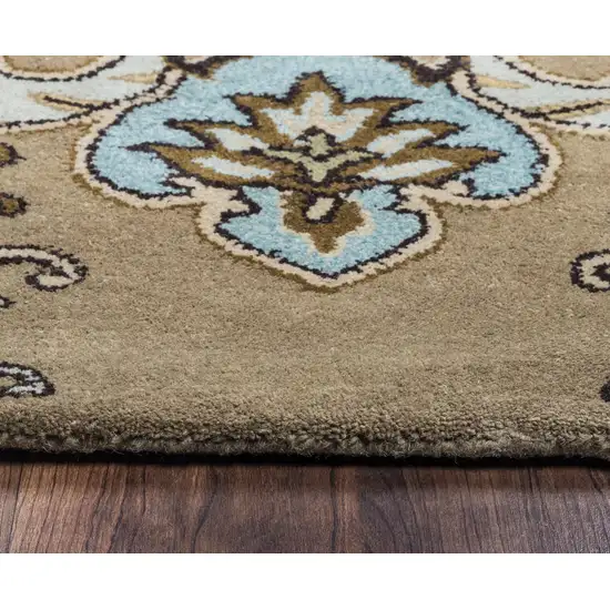 Brown Dark Brown Blue Khaki And Tan Wool Damask Hand Tufted Area Rug Photo 4