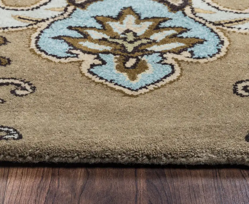 Brown Dark Brown Blue Khaki And Tan Wool Damask Hand Tufted Area Rug Photo 4