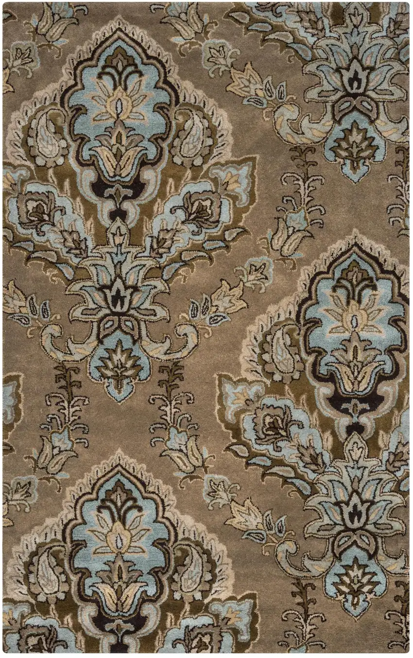 Brown Dark Brown Blue Khaki And Tan Wool Damask Hand Tufted Area Rug Photo 1