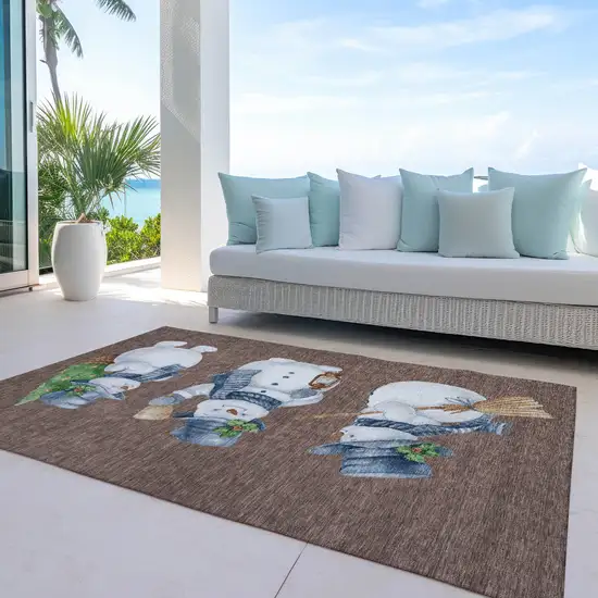 Brown Denim Blue And Ivory Snowmen Washable Indoor Outdoor Area Rug Photo 5
