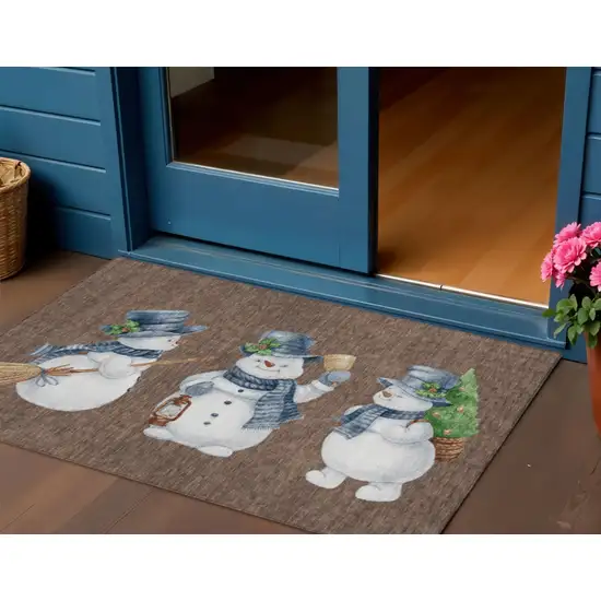 Brown Denim Blue And Ivory Snowmen Washable Indoor Outdoor Area Rug Photo 1