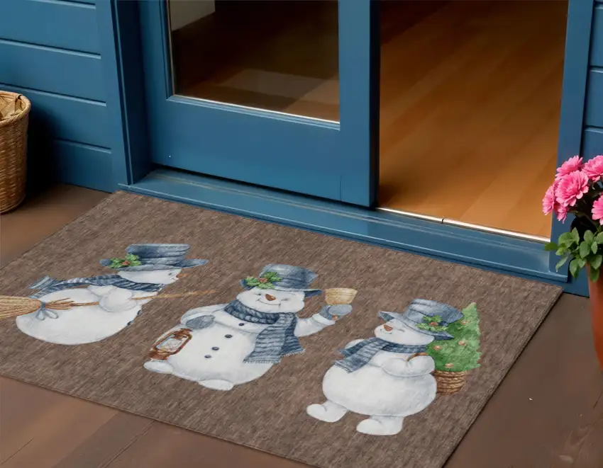 Brown Denim Blue And Ivory Snowmen Washable Indoor Outdoor Area Rug Photo 1